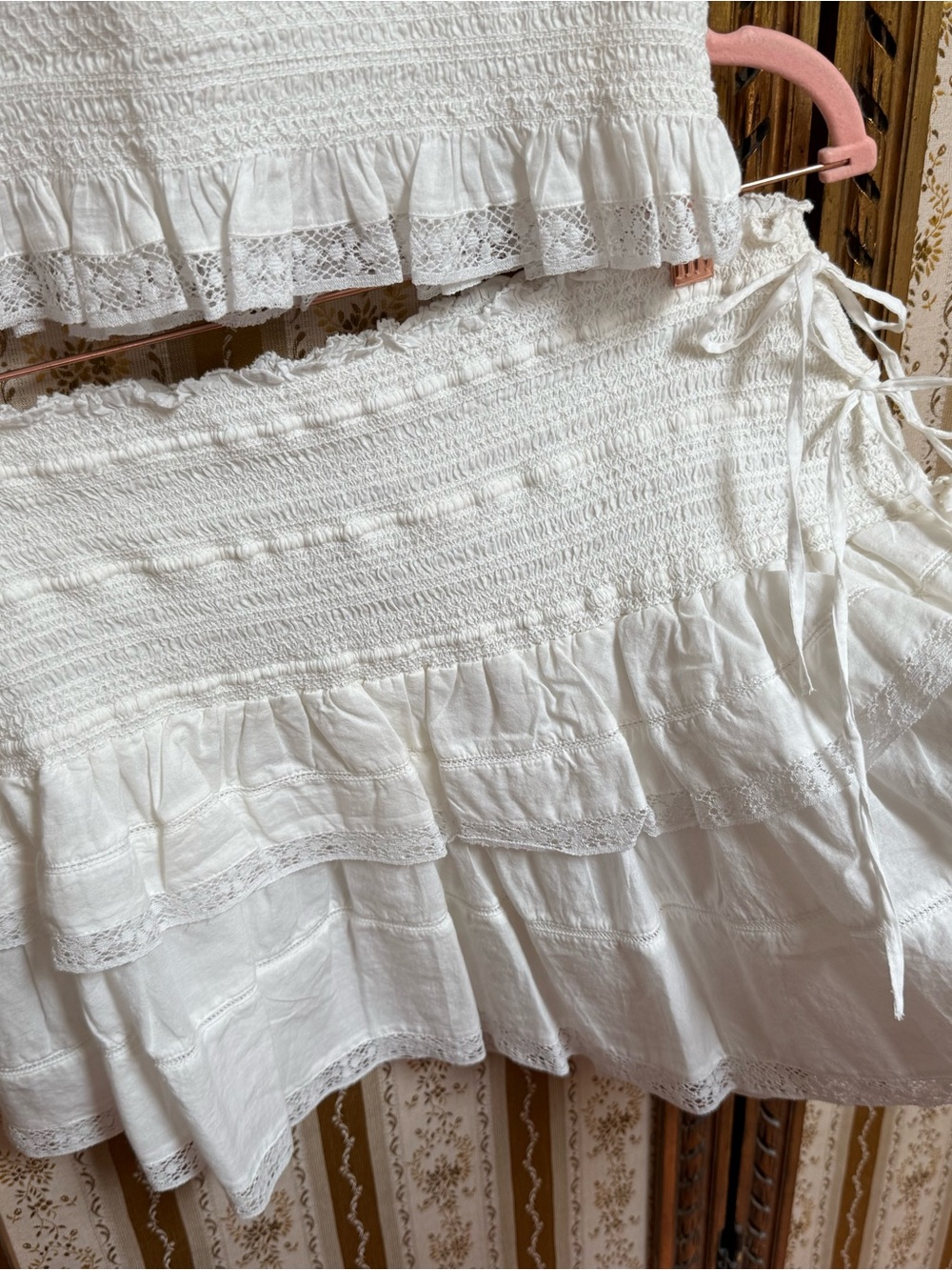 NWT LoveShackFancy Set Molly Top Mira Skirt Smocked Floral Lace Ruffle White XS - Picture 6 of 12
